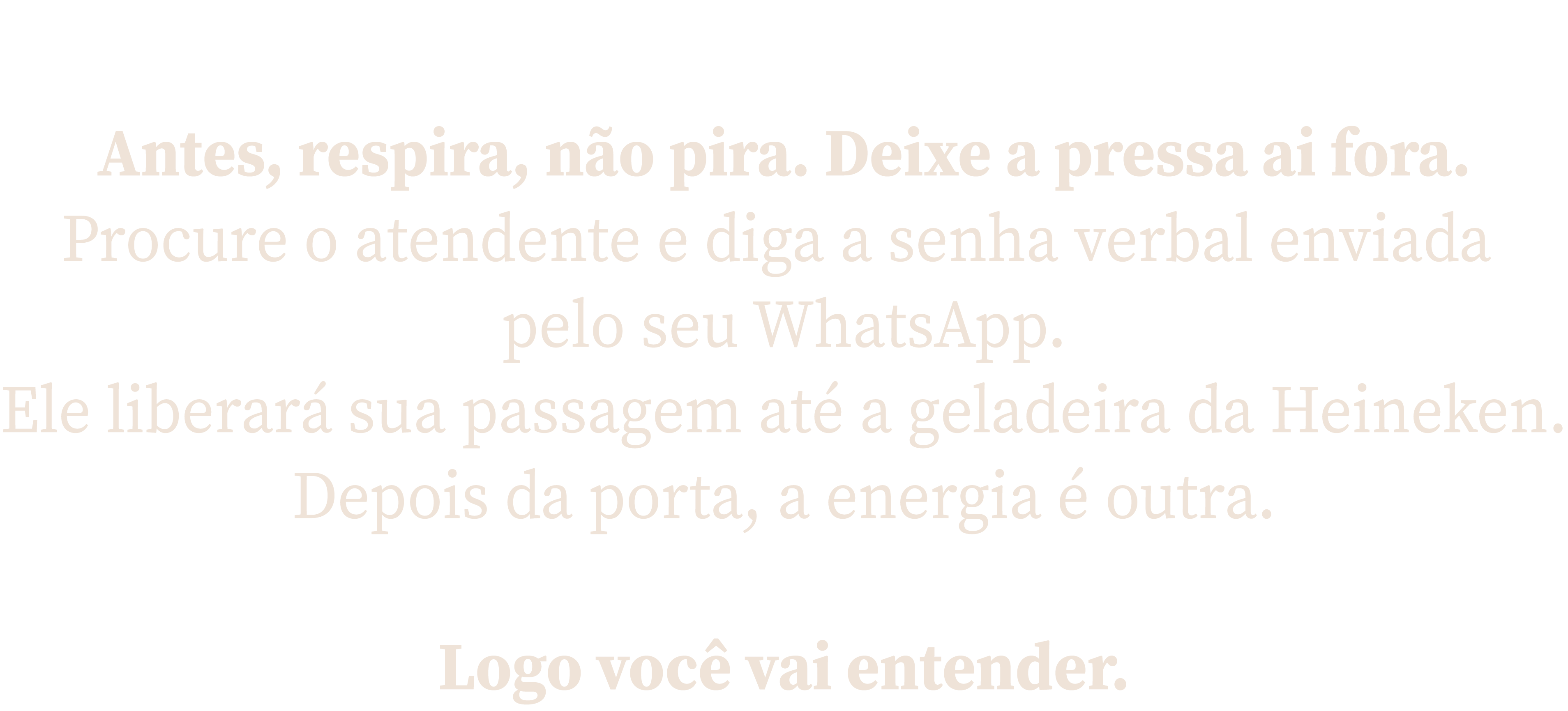 Antes, respira, não pira. Deixe a pressa aí fora. Procure o atendente e diga a senha verbal enviada pelo seu WhatsApp. Ele liberará sua passagem até a geladeira da Heineken. Depois da porta, a energia é outra. Logo você vai entender.